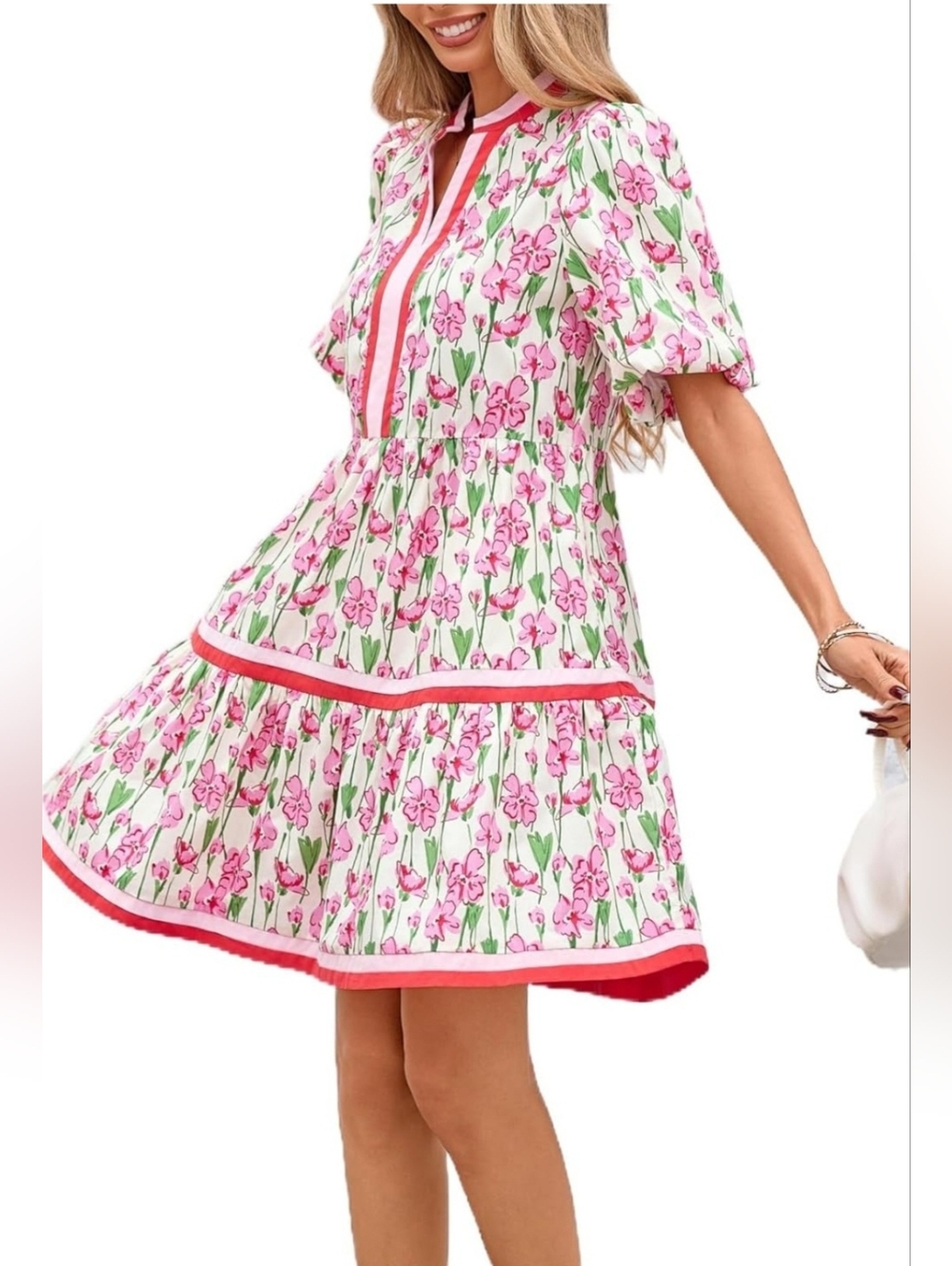 Floral Babydoll Mini Dress Size L 12-14 Cotton Puff Sleeve Spring Summer - Picture 3 of 6